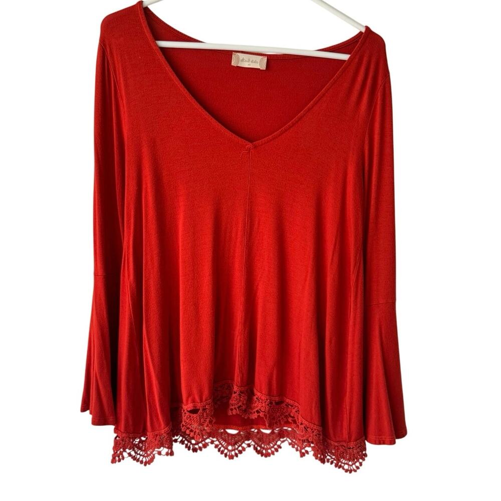 Altar'd State Women’s XS Boho Bell Sleeve Shirt Crochet Lace Trim Orange V-Neck